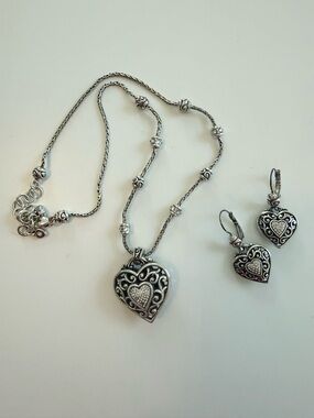 Brighton Reno Reversible Silver Heart Filigree Necklace and Earrings Set